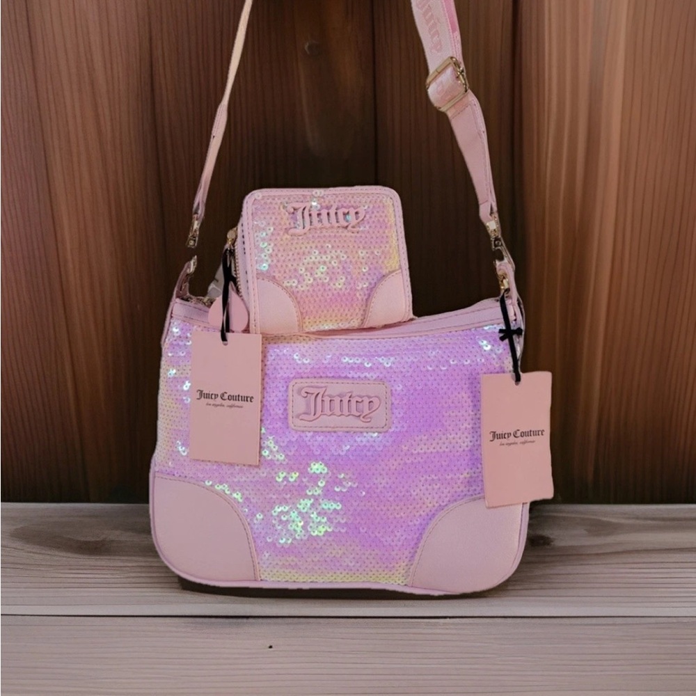 JUICY COUTURE Crossbody/Shoulder bag + Card Holder Wallet Set- Pink Sequin - NWT